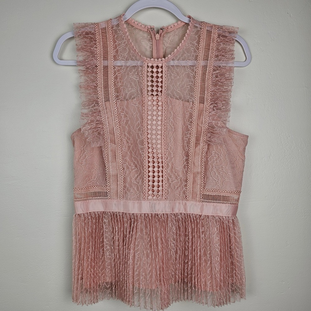 Heartloom Peplum Top Women M Pink Lace Sleeveless Ruffle Trim 178B78M1